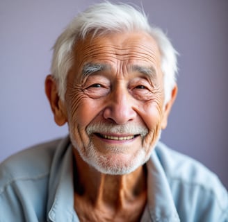 a man with a white beard and a blue shirt