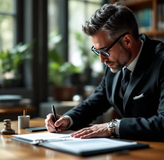 a man in a suit and tie is writing on a paper