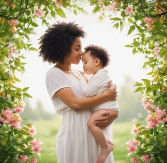 A woman is holding a smiling baby in her arms. The mother is wearing a black and pink outfit, and the baby has on a light purple outfit with a headband. They appear happy and relaxed, standing outside with greenery and stairs in the background.