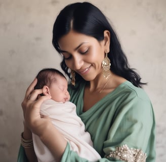 A woman sits comfortably on a couch, holding a young child on her lap. The child looks thoughtful while the woman seems relaxed, holding a smartphone in her hand. The room is decorated with indoor plants and features a modern lamp and wall clock.
