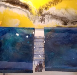 two square blue and yellow abstracts