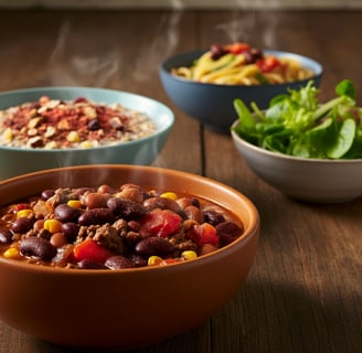 A hot bowl of chili, in the background a bowl of salad, oatmeal and pasta.