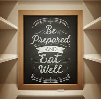 A chalk board with text "be prepared and eat well" in a pantry.
