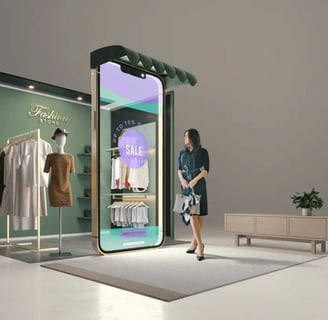 Loja virtual sendo representada pelo celular com uma moça em frente.