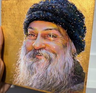a painting of osho with goldleaf and diamonds, rajneesh