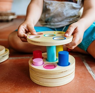 a child's hands holding a wooden toy