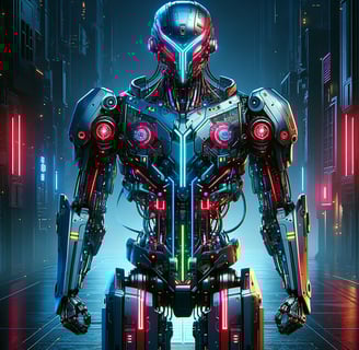 Futuristic cybernetic robot with neon lighting details in a sci-fi urban environment.