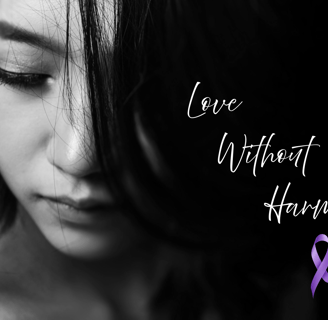Woman looking down Love Without Harm with Domestic Violence Ribbon
