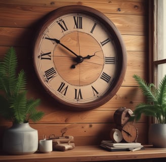 A large, intricate clock mechanism stands against the backdrop of a circular window with Roman numerals that let in natural light. The room appears filled with various mechanical parts and industrial elements. The clock parts are a combination of gears, pulleys, and levers.