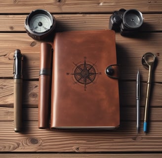 A collection of travel-related items arranged on a white surface, including an open journal with travel notes and a black-and-white photo of a woman with Tower Bridge in the background. There is a vintage-style camera on the left and a tin pencil case labeled 'London' with British-themed images. Several washi tapes in a variety of colors and patterns are scattered, some inside a jar and others outside.