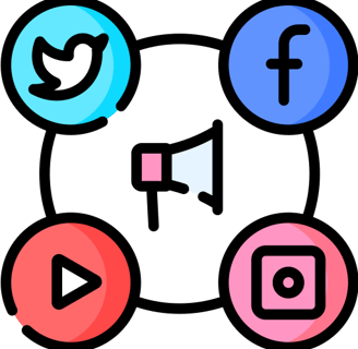 Social media marketing icon with connected user nodes for brand visibility