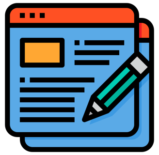 Content marketing icon with document and pen symbolizing blog and copywriting