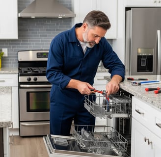 A male appliance technician in a blue uniform is intently repairing an open dishwasher with a tool i