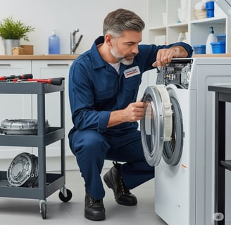 a man in a blue jumpsuit is fixing a washing machine