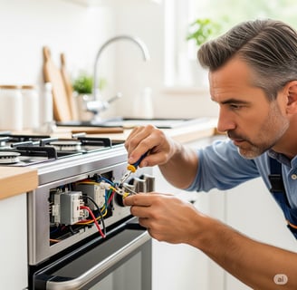 a man in a blue shirt is fixing a stove top