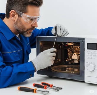 A male technician in a blue uniform, intently uses a screwdriver to repair the microwave