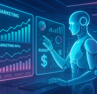AI robot analyzing marketing KPIs and budget data on digital dashboards, symbolizing how artificial 