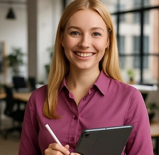 Smiling professional woman holding a tablet, representing customer success and data expertise