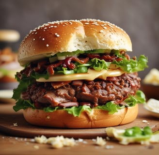 A close-up view of freshly baked burger buns with shiny, golden-brown crusts. Some of the buns are topped with black sesame seeds, while others have white sesame seeds. They are arranged on a dark baking tray, with a textured beige surface underneath.