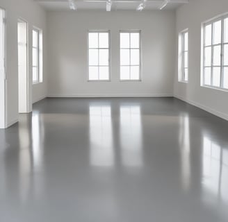 A busy garage area featuring several race cars with vivid decals and sponsorships. Mechanics and crew members work around the vehicles, indicating preparation or maintenance activities. The ceiling is lined with fluorescent lights, and various automotive equipment and tools are visible in the background. The scene is set in an industrial, utilitarian space, with a focus on motorsport.