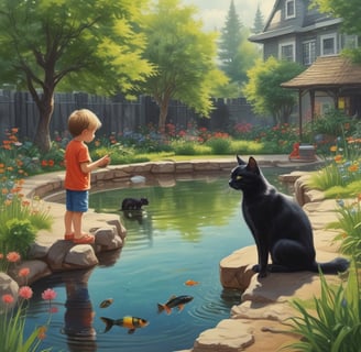 A cat sits on a wooden chair in front of a green corrugated metal wall. Next to the chair, a large red pot contains several folded umbrellas. Behind the cat, a coffee sack labeled 'Mountain Thunder 100% Kona' is visible. Above, a colorful informational poster is attached to the wall.