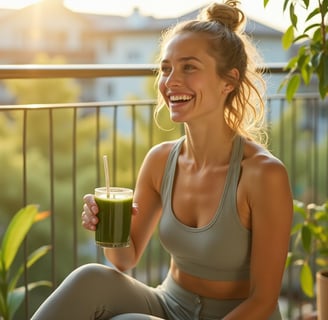 Woman in gray workout outfit sits on a balcony, smiling and holding a glass of green smoothie