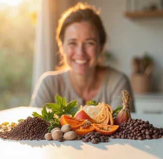 Smiling woman stands behind a variety of natural ingredients