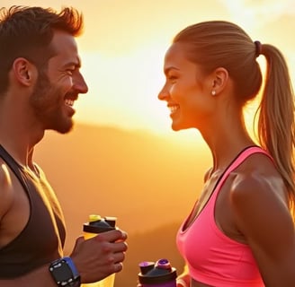 Happy couple in athletic wear, holding Motion Pre-Workout Energy Drink bottles, sunset mountain view