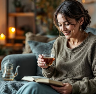 Happy woman reading a book and drinking tea in a cozy setting