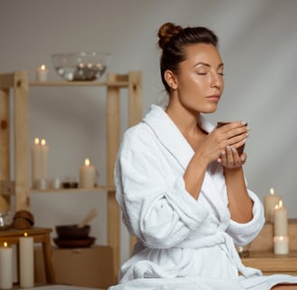 Woman relaxing with tea and candles, enjoying a peaceful moment.