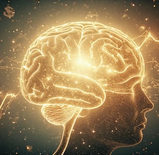 Glowing brain with dollar signs and financial graphs, representing financial intelligence.