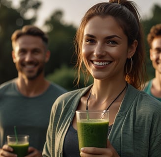 Smiling group of people outdoors, holding wild greens smoothies.
