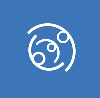 a blue and white logo with a circular object