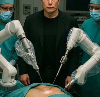 Un robot quirúrgico operando con precisión, con una silueta humana observando en segundo plano.