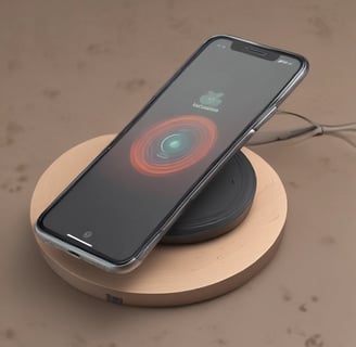 A sleek smartphone with a metallic finish stands upright on a table alongside a modern smartwatch, wireless earbuds, and a glowing antique-style bulb. The scene is set against a dark background, emphasizing the shiny surfaces and elegant technology.