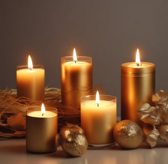 Four scented candles in jars are arranged in a row on a wooden table. Each jar is labeled with a different fragrance, including Fresh Mahogany, Sweet Pumpkin Pie, Amber, and Cedar And Saffron. The background features a wicker sofa and a brick wall.