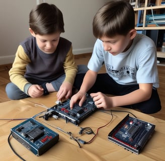 An electronic circuit featuring a microcontroller mounted on a perforated board with various wires in multiple colors connecting to different components. The setup includes resistors, capacitors, and other small electronic parts.