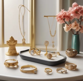 a tray of jewelry and a vase with flowers