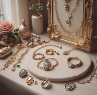 a table with a mirror and jewelry on it