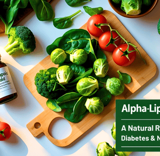 Alpha-lipoic acid supplement surrounded by spinach and veggies for diabetes health.