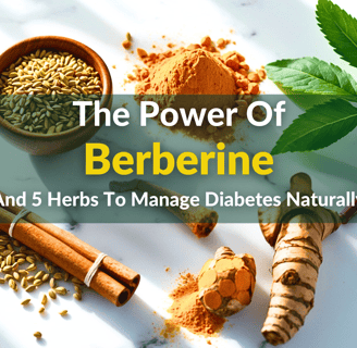 Top herbs like bitter melon, cinnamon, turmeric, and fenugreek displayed on a white surface.