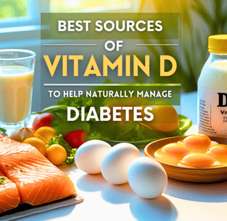 Assorted vitamin D-rich foods with sunlight and text overlay about diabetes support.