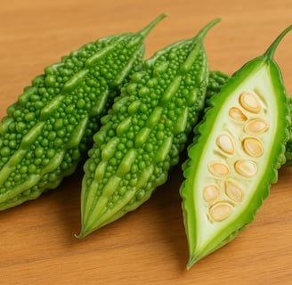 3 pieces of bitter melon and one sliced on a wood surface.
