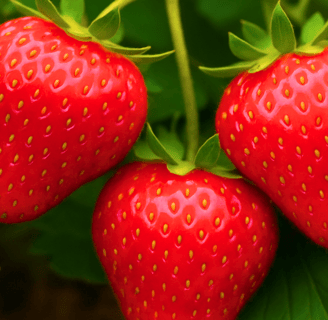 picture of three strawberries on the vine surrounded by green leaves
