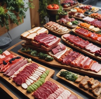 A beautifully arranged charcuterie board featuring an assortment of cheeses, meats, fruits, and nuts. Grapes, blueberries, and cherry tomatoes are artfully interspersed with slices of cured meats and various cheeses, including a wedge of blue cheese. The table setting includes elegant tableware with mustard-colored napkins, and the board is surrounded by decorative elements like woven placemats.