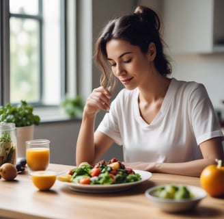 a woman sitting at a table with a plate of food