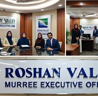 a group of people sitting around a table with a sign that says roshan valley