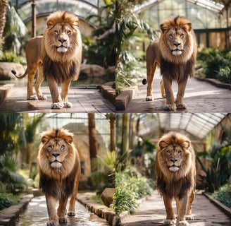 León sonriente de cuerpo completo en un aviario amplio con piscina, césped verde y clima soleado