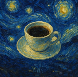 Taza de café flotando en un cielo estrellado, inspirada en el estilo artístico de Van Gogh