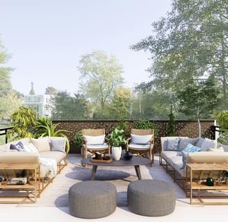 a patio with a couch and a table